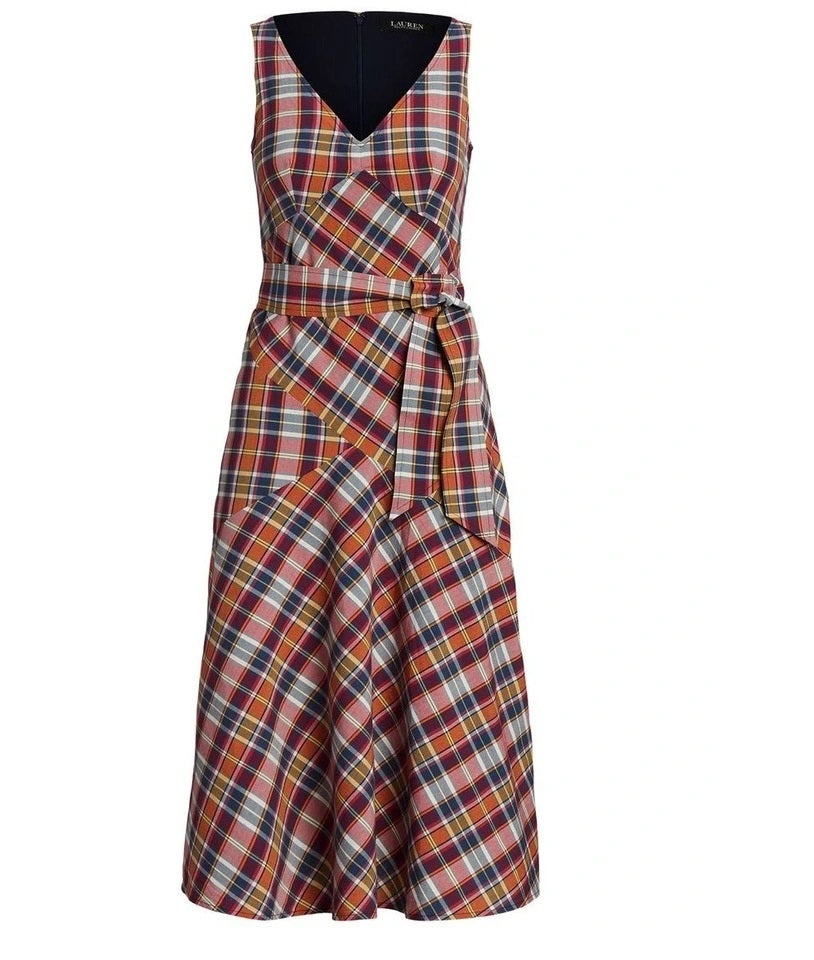 ralph-lauren-womens-belted-cotton-madras-sleeveless-dress-red