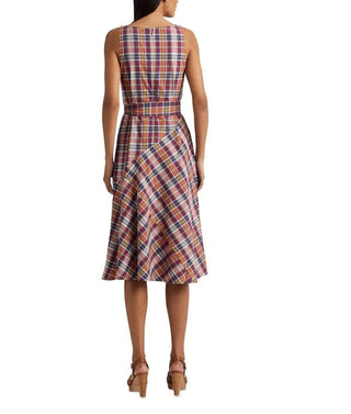 Vestido feminino Ralph Lauren de algodão Madras sem mangas com cinto, vermelho