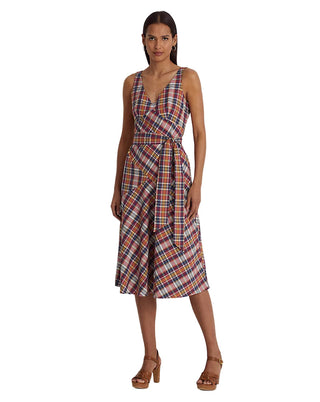 Vestido feminino Ralph Lauren de algodão Madras sem mangas com cinto, vermelho