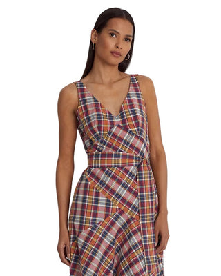 Vestido feminino Ralph Lauren de algodão Madras sem mangas com cinto, vermelho