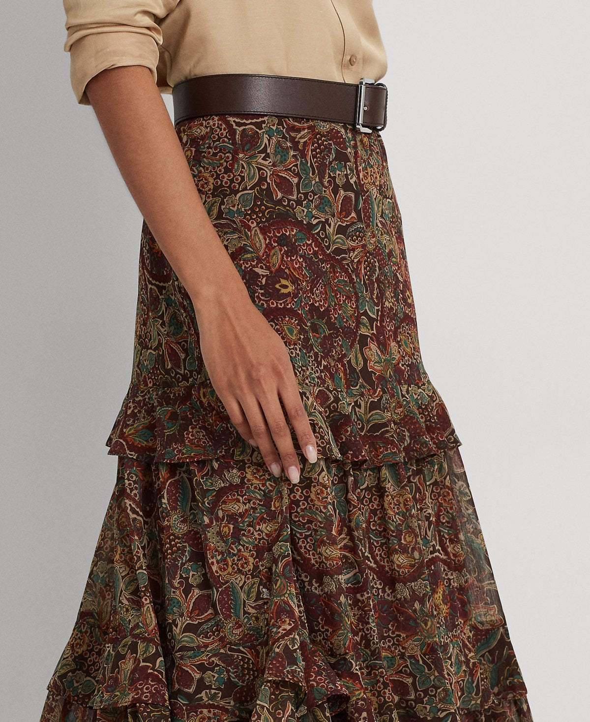 Saia feminina Ralph Lauren com estampa floral e franzida em georgette, vermelha, tamanho 8