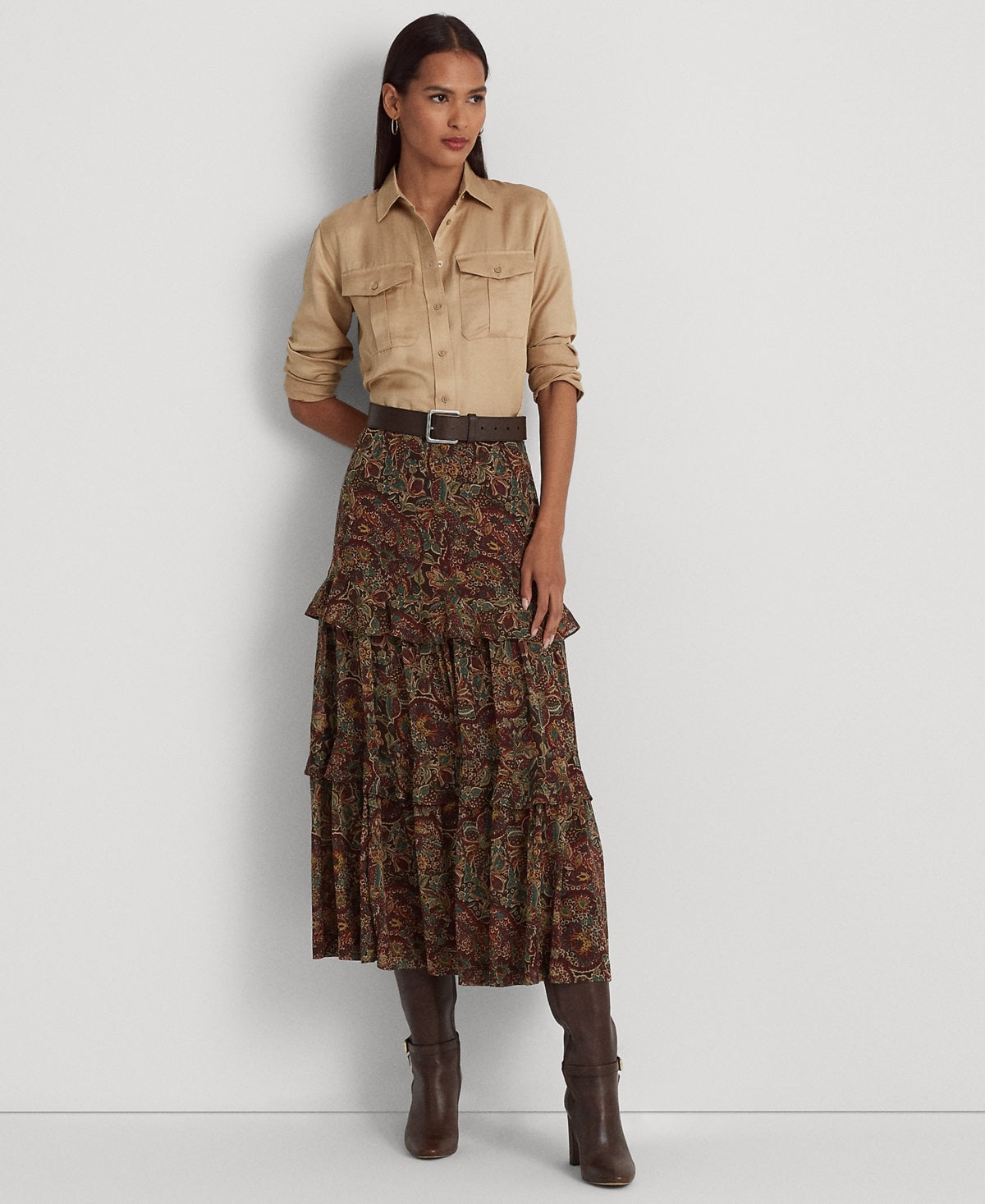 Saia feminina Ralph Lauren com estampa floral e franzida em georgette, vermelha, tamanho 8