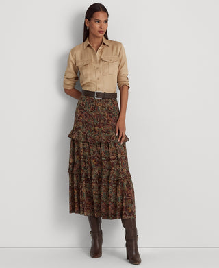 Saia feminina Ralph Lauren com estampa floral e franzida em georgette, vermelha, tamanho 8