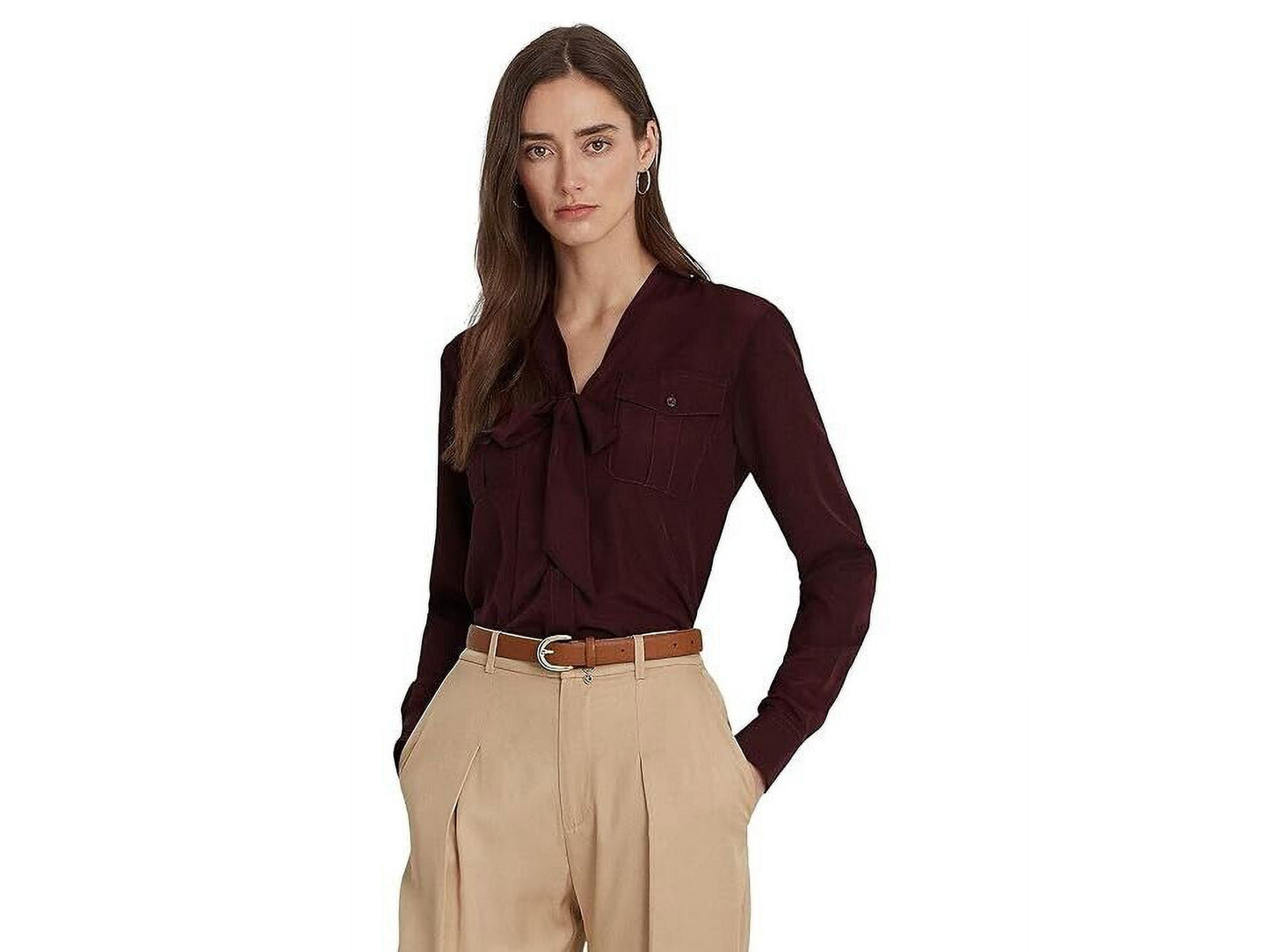 Camisa Ralph Lauren Feminina Crepe Amarração Gola Vermelha Tamanho Médio