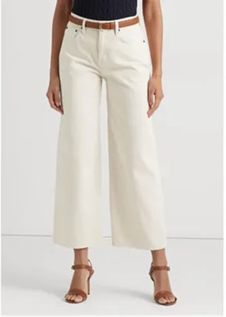 Calça jeans Ralph Lauren feminina de cintura alta e perna larga, branca
