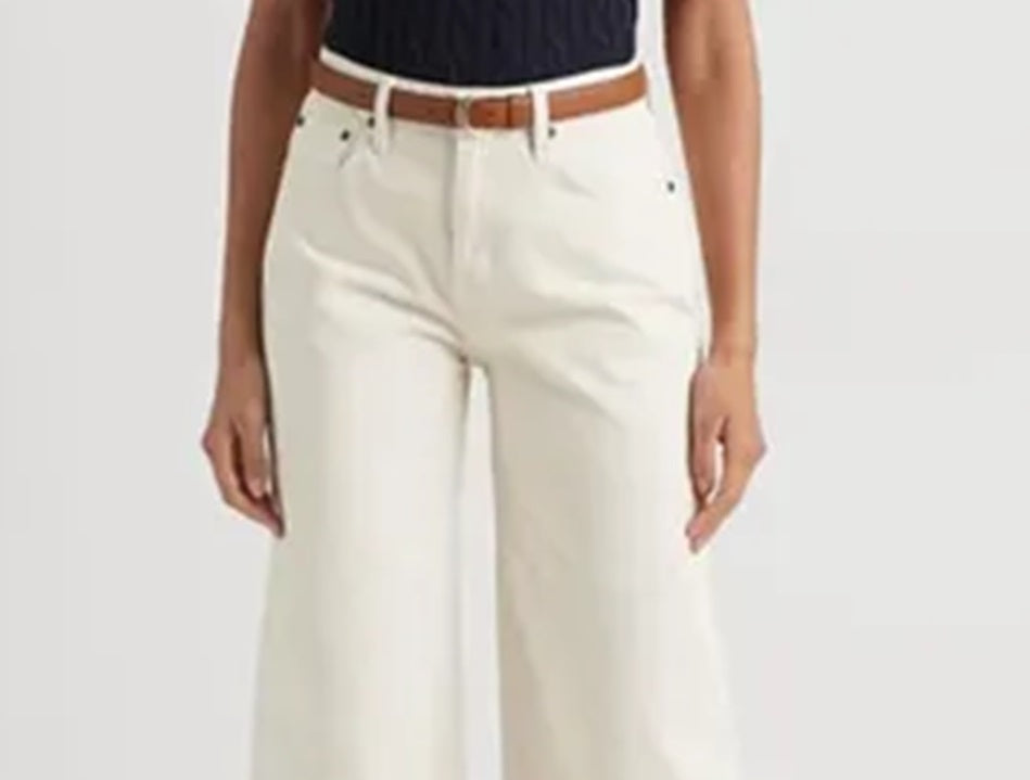 Calça jeans Ralph Lauren feminina de cintura alta e perna larga, branca