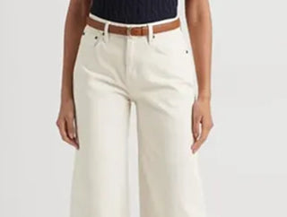 Calça jeans Ralph Lauren feminina de cintura alta e perna larga, branca