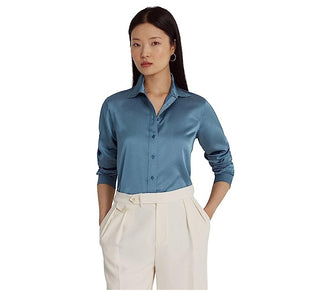 Camisa Ralph Lauren Charmeuse de cetim feminina, azul, tamanho pequeno