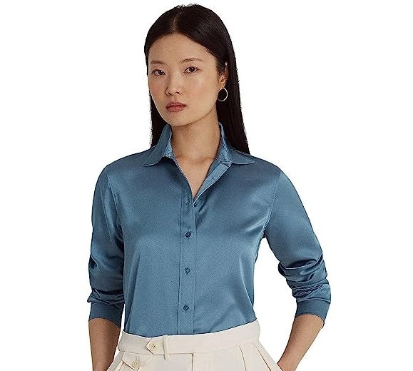 Camisa Ralph Lauren Charmeuse de cetim feminina, azul, tamanho pequeno