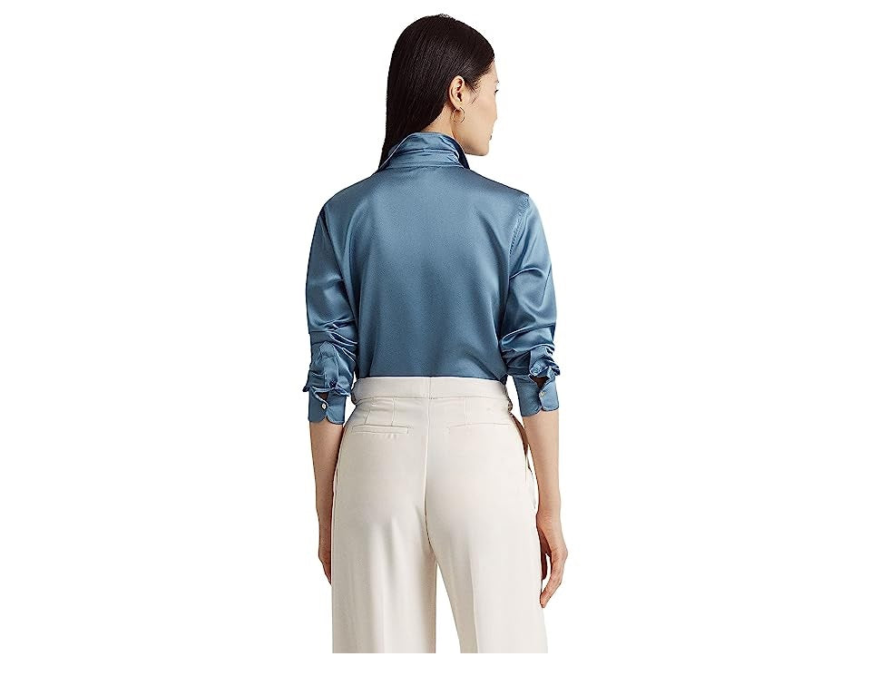 Camisa Ralph Lauren Charmeuse de cetim feminina, azul, tamanho pequeno