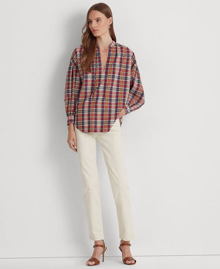 Ralph Lauren Women's Cotton Blend Tie Neck Blouse Red