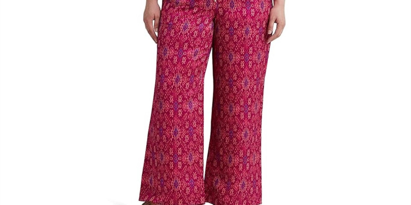 Calça Ralph Lauren Feminina Geo Print Cetim Shantung Perna Larga Rosa