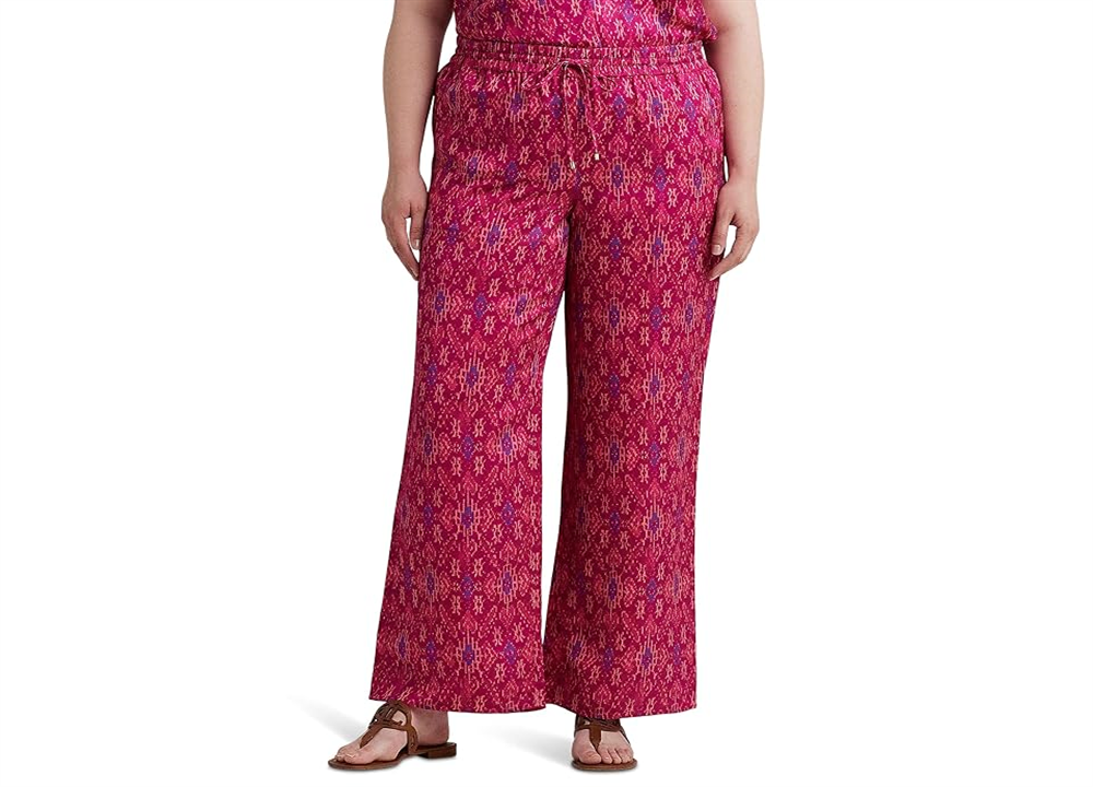 Calça Ralph Lauren Feminina Geo Print Cetim Shantung Perna Larga Rosa