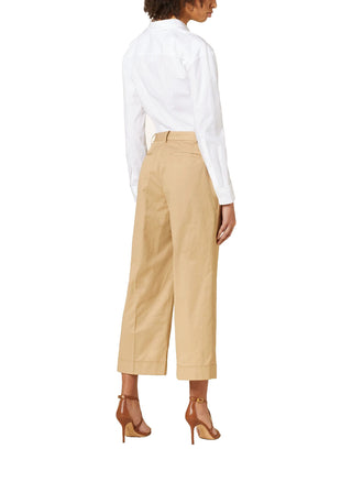 Calça feminina Ralph Lauren de sarja plissada com perna larga marrom