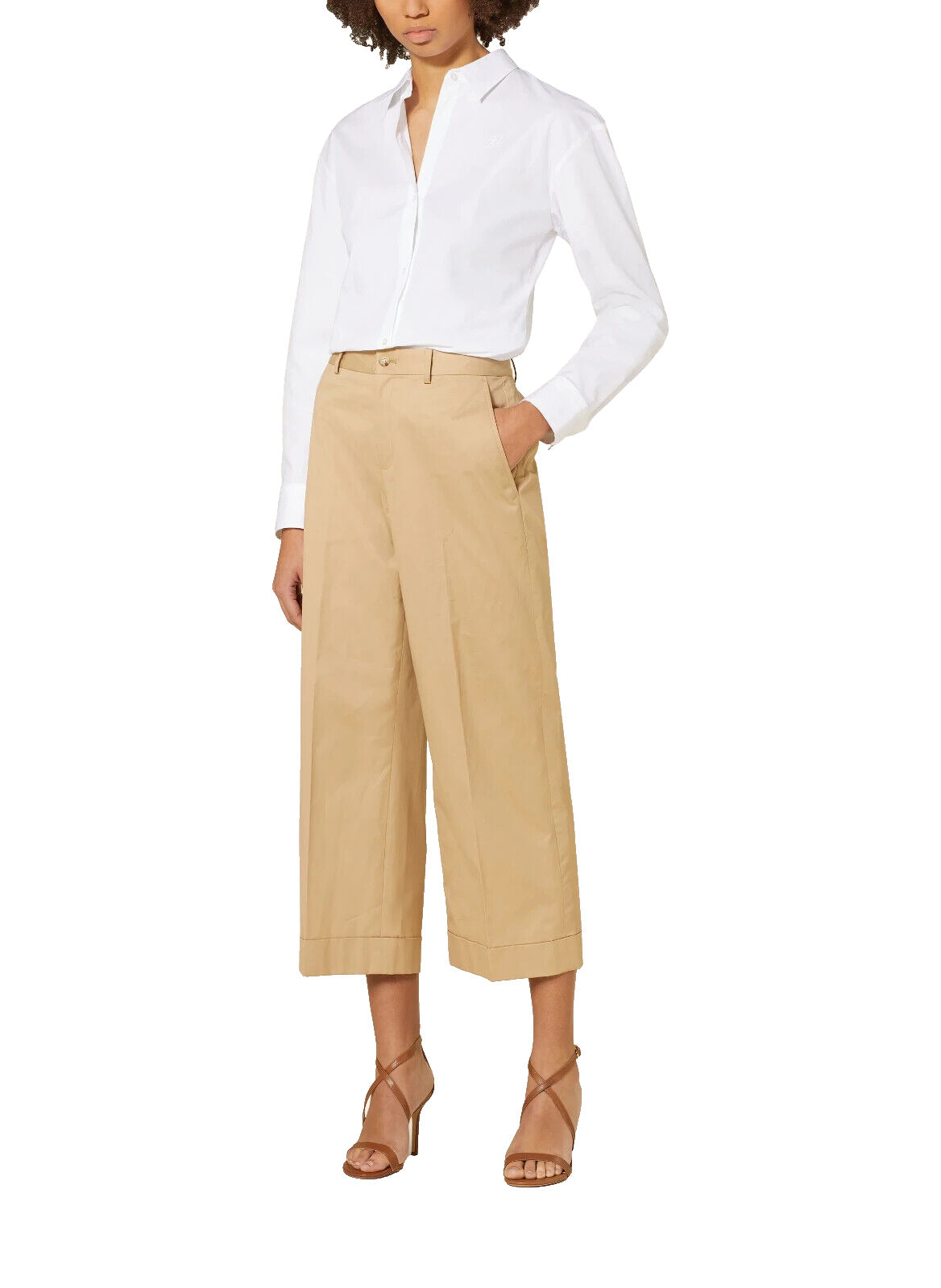 Calça feminina Ralph Lauren de sarja plissada com perna larga marrom