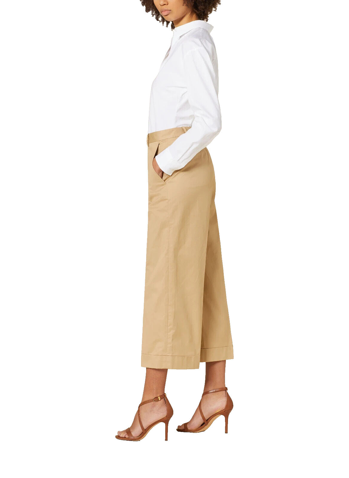 Calça feminina Ralph Lauren de sarja plissada com perna larga marrom