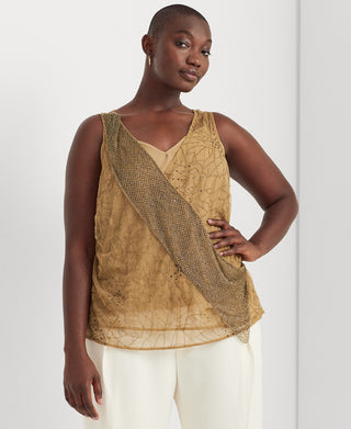 Blusa Ralph Lauren Feminina Sem Mangas com Tule e Contas Marrom Tamanho 1X