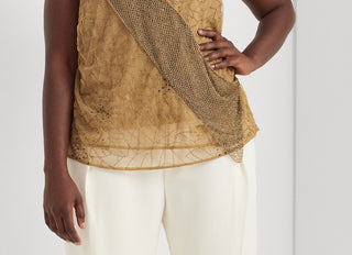 Blusa Ralph Lauren Feminina Sem Mangas com Tule e Contas Marrom Tamanho 1X