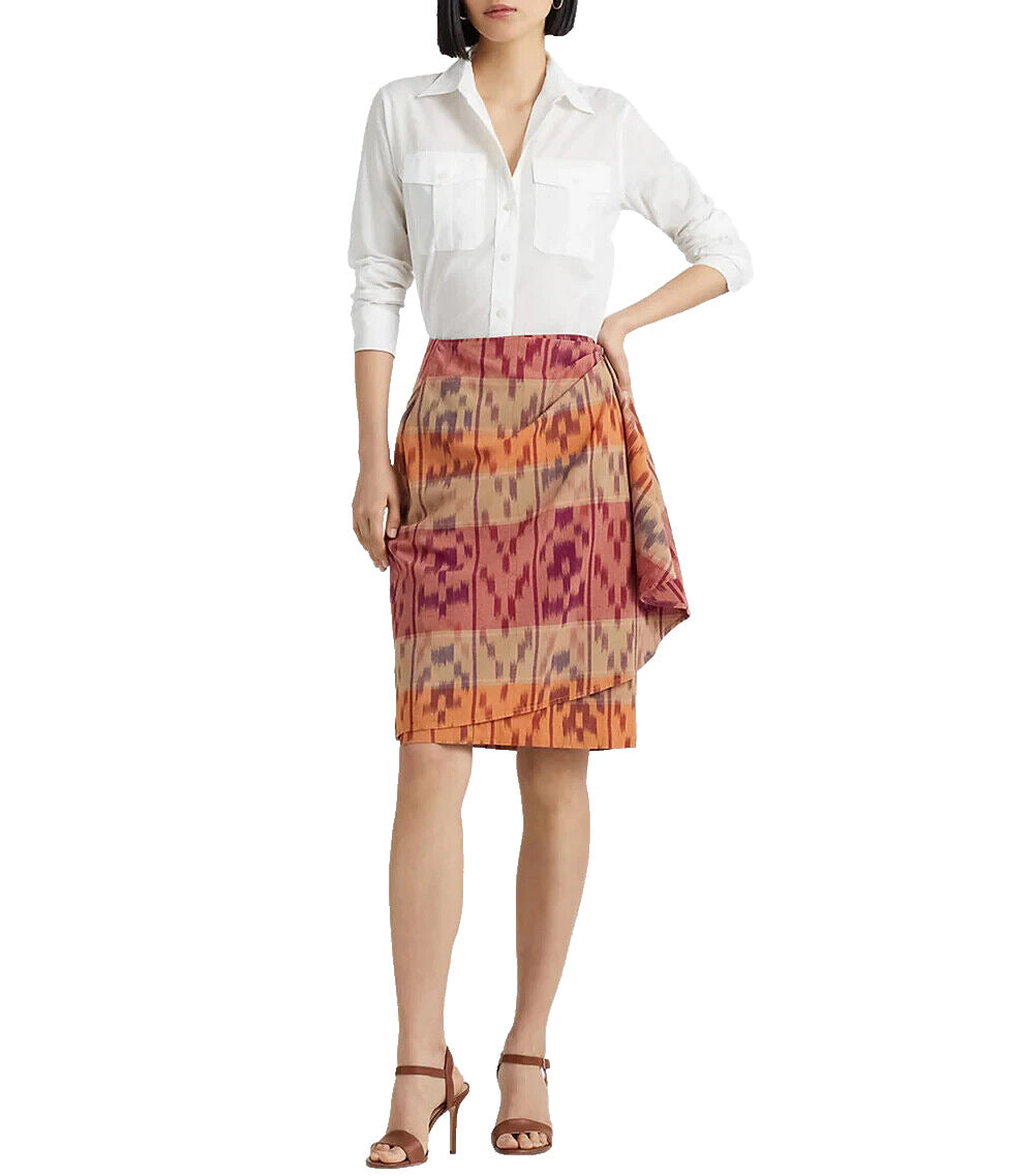 Saia envelope Ralph Lauren feminina com motivo geométrico de algodão e linho, vermelha, tamanho 22W