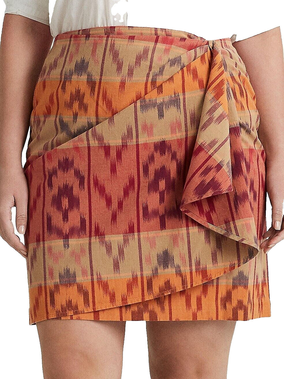 Saia envelope Ralph Lauren feminina com motivo geométrico de algodão e linho, vermelha, tamanho 22W