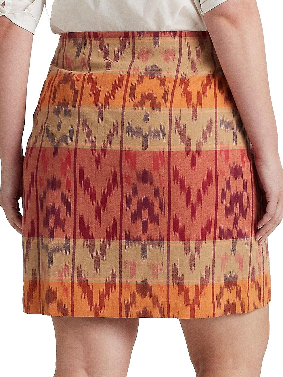 Saia envelope Ralph Lauren feminina com motivo geométrico de algodão e linho, vermelha, tamanho 22W
