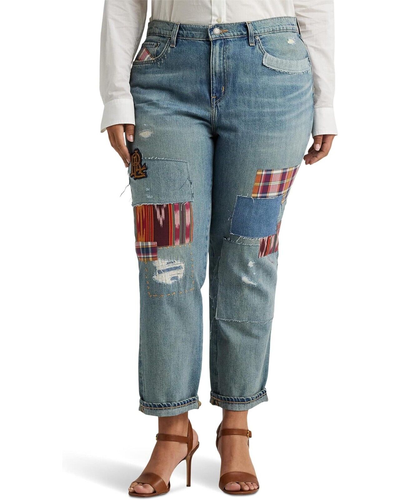 Calça Jeans Ralph Lauren Feminina Patchwork Relaxed Tapered Azul Tamanho 22W