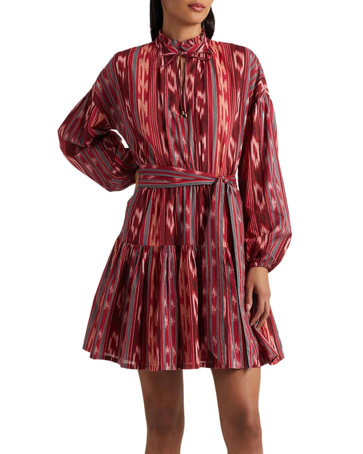 Vestido Ralph Lauren Feminino Geo Stripe com Cinto em Voile de Algodão Vermelho