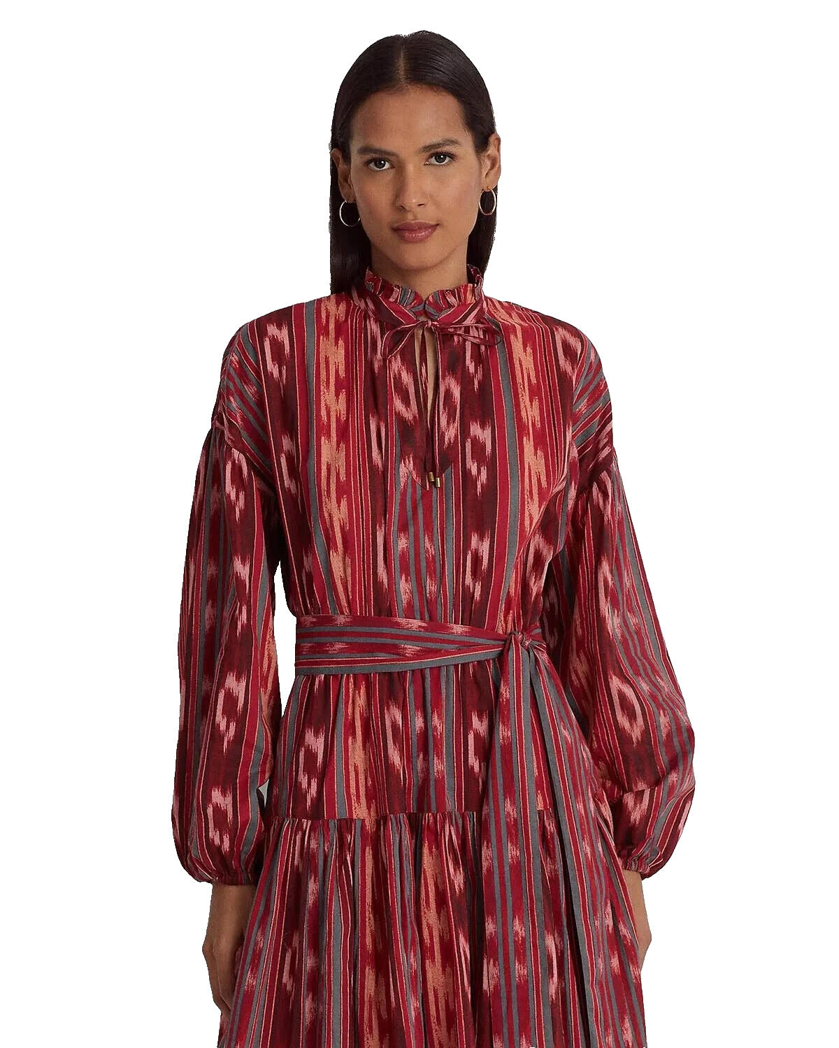 Vestido Ralph Lauren Feminino Geo Stripe com Cinto em Voile de Algodão Vermelho