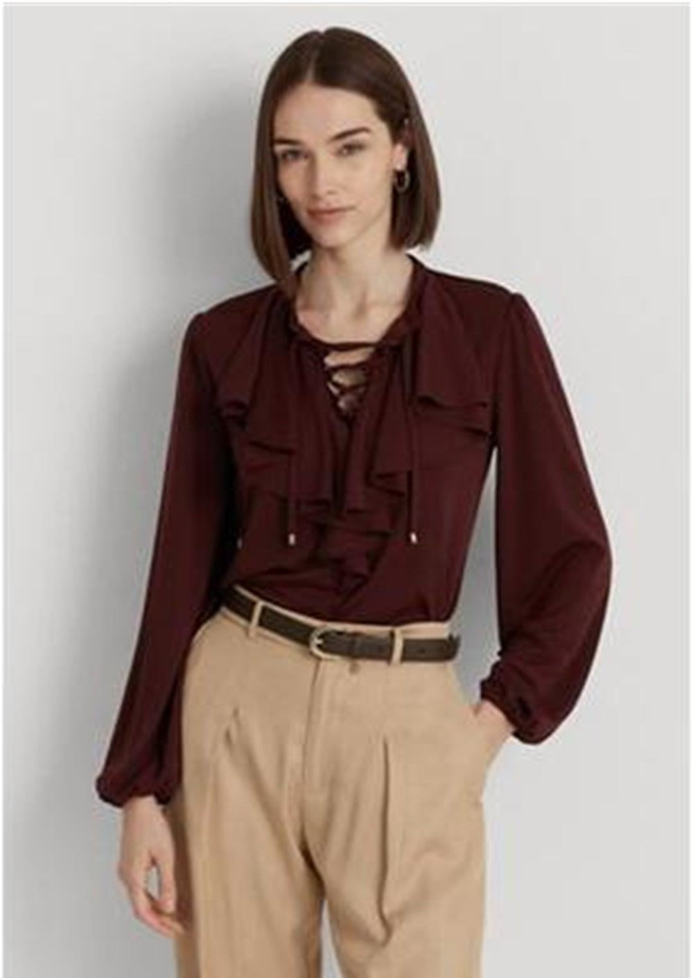 Ralph Lauren Feminino Jersey com Babados e Renda Top Vermelho Tamanho Grande