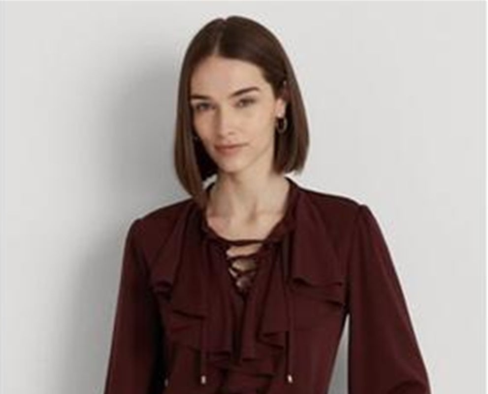 Ralph Lauren Feminino Jersey com Babados e Renda Top Vermelho Tamanho Grande