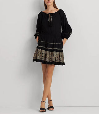 Vestido de voile de algodão bordado LAUREN Ralph Lauren preto/bege