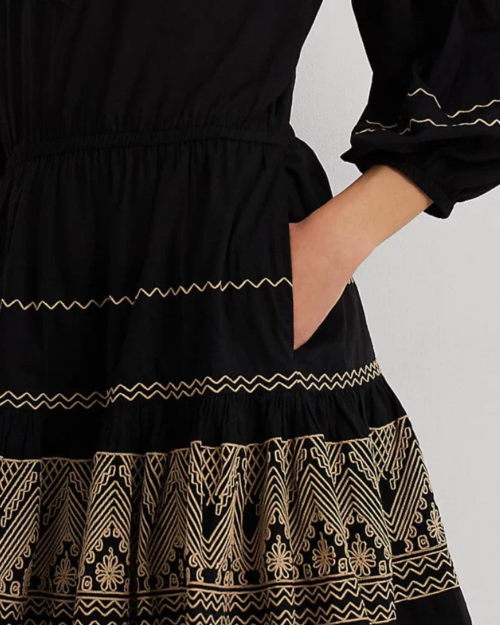 Vestido de voile de algodão bordado LAUREN Ralph Lauren preto/bege