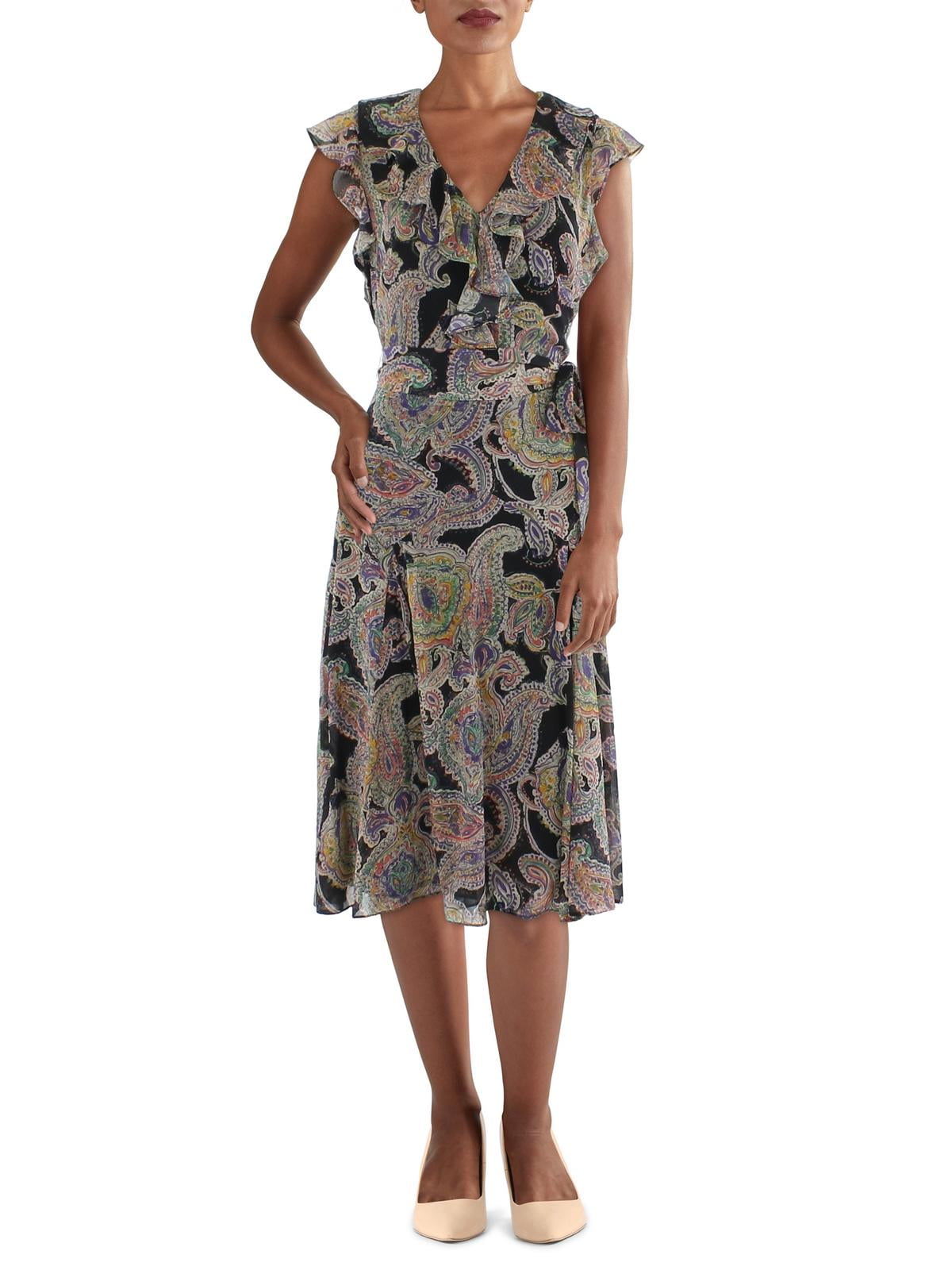 Vestido midi feminino com babados e decote em V, preto, Lauren Ralph Lauren