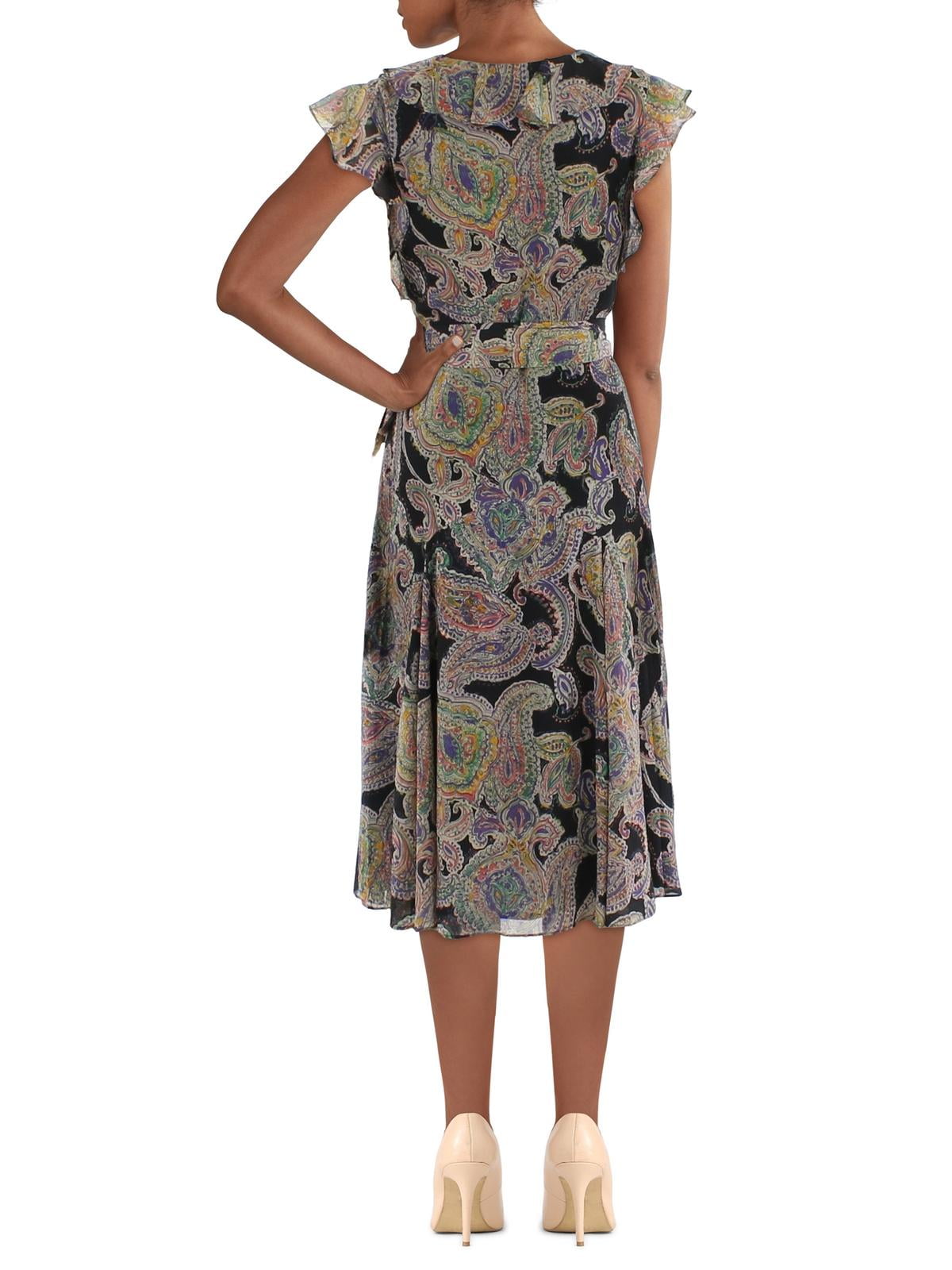 Vestido midi feminino com babados e decote em V, preto, Lauren Ralph Lauren