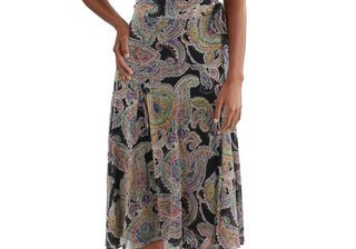 Vestido midi feminino com babados e decote em V, preto, Lauren Ralph Lauren