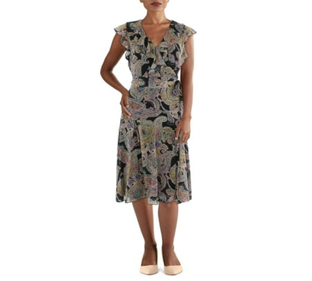 Vestido midi feminino com babados e decote em V, preto, Lauren Ralph Lauren