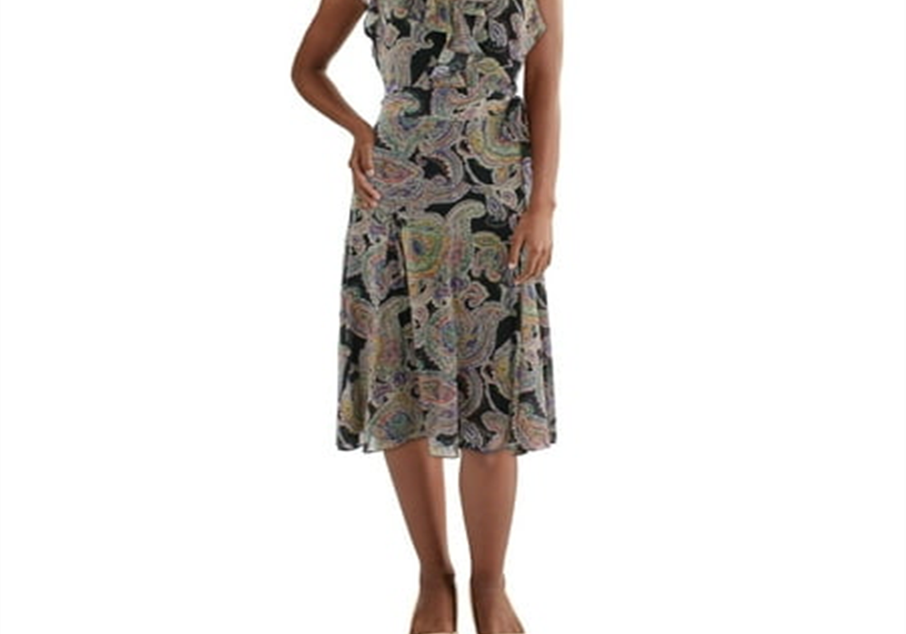 Vestido midi feminino com babados e decote em V, preto, Lauren Ralph Lauren