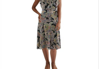 Vestido midi feminino com babados e decote em V, preto, Lauren Ralph Lauren