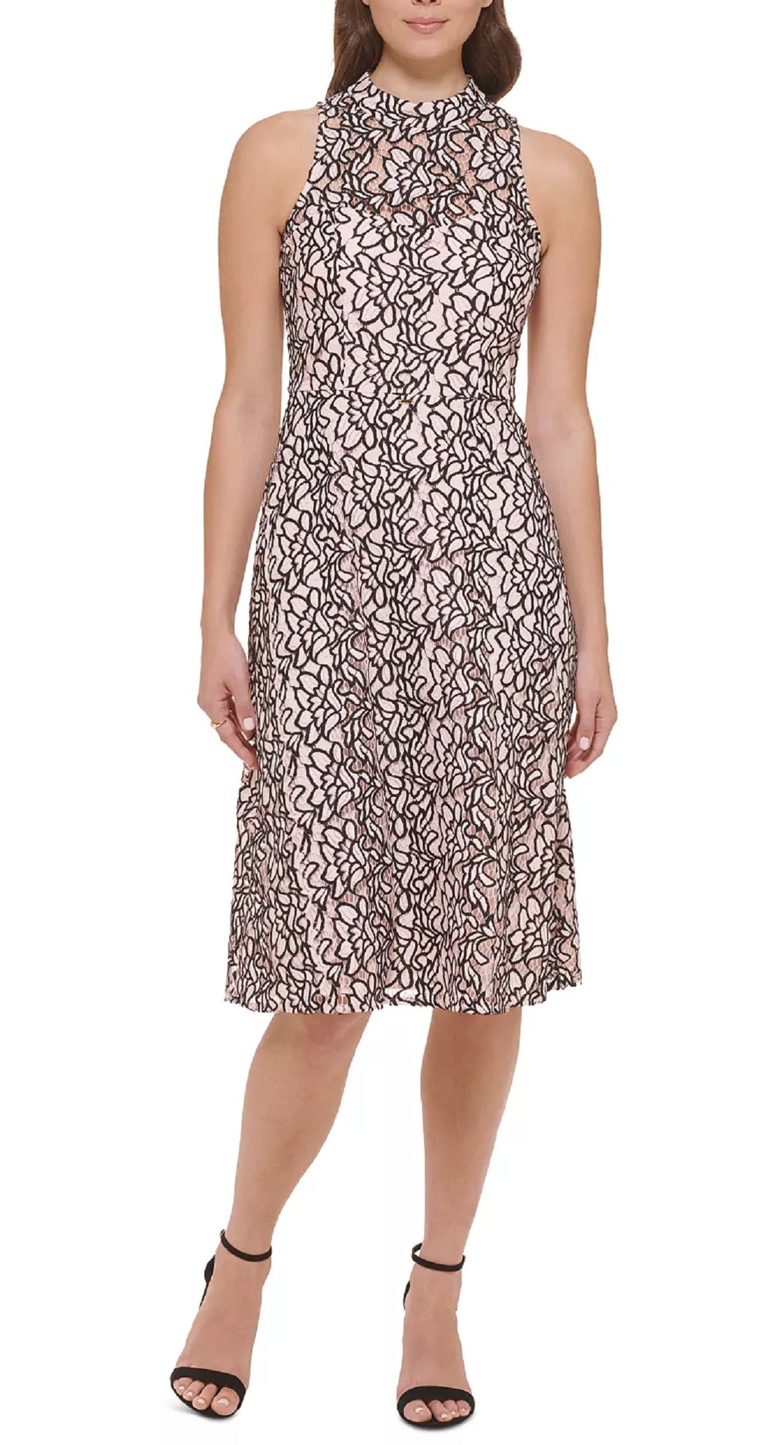 Vestido Kensie Feminino de Renda com Gola Redonda, Sem Mangas, Ajuste e Flare, Rosa, Tamanho 2