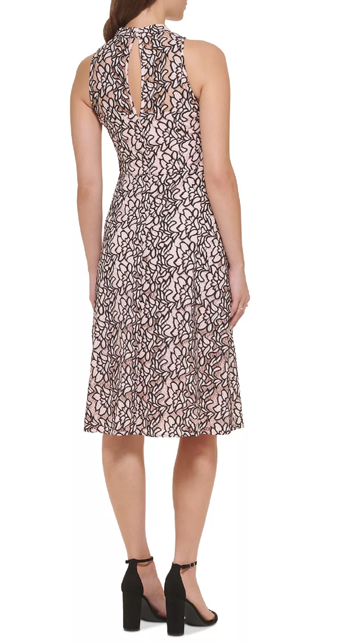 Vestido Kensie Feminino de Renda com Gola Redonda, Sem Mangas, Ajuste e Flare, Rosa, Tamanho 2