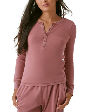 Blusa Henley de malha waffle com botões frontais Bass Outdoor para mulheres, tamanho extragrande, marrom