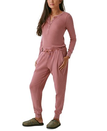 Blusa Henley de malha waffle com botões frontais quentes Bass Outdoor para mulheres, rosa