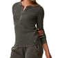 Blusa Henley de malha waffle com botões frontais Bass Outdoor feminina, cinza, tamanho médio
