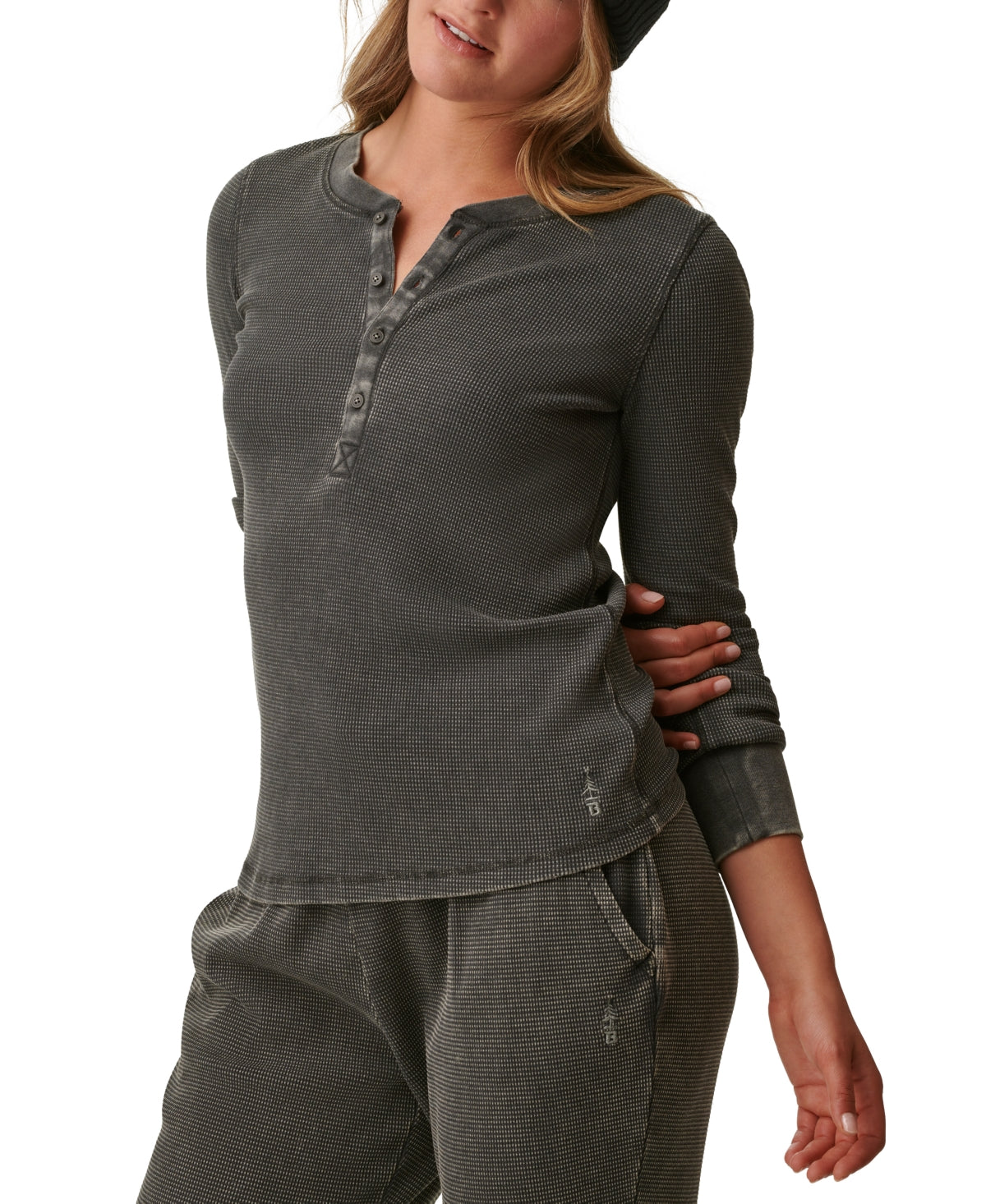 Blusa Henley de malha waffle com botões frontais quentes Bass Outdoor para mulheres, verde