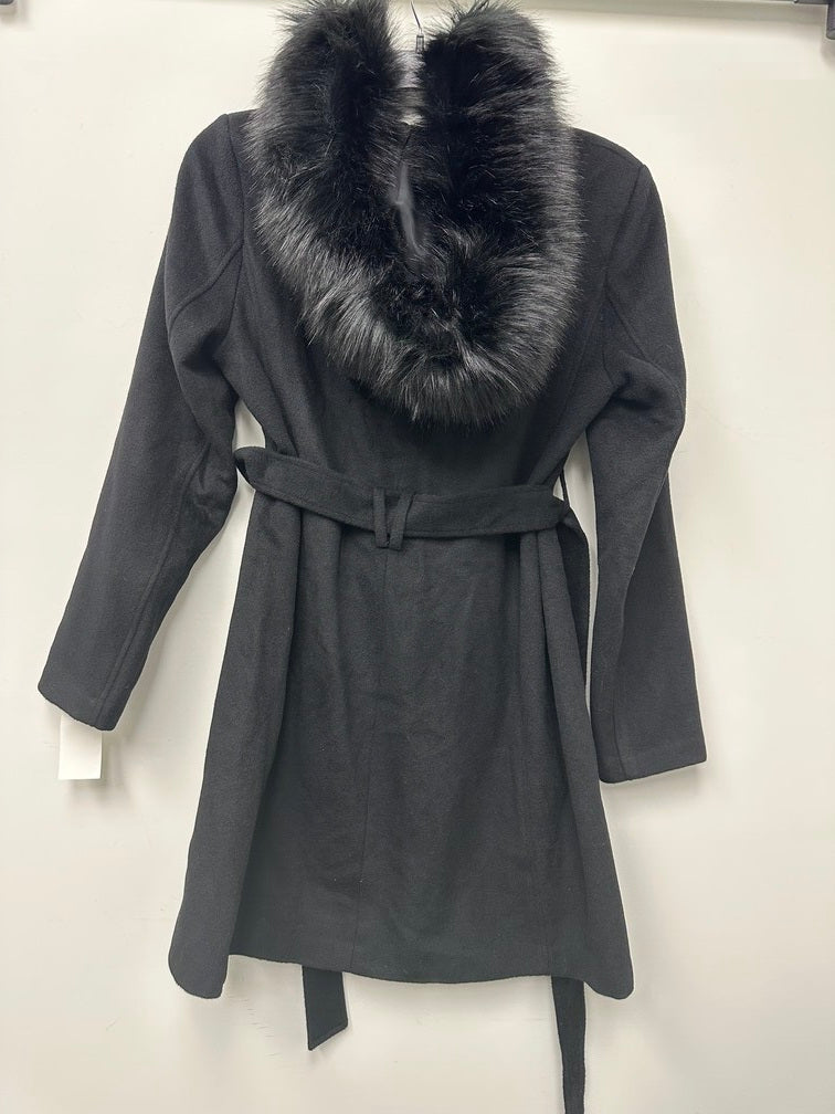 Cole Haan Casaco feminino com capuz e cinto, acabamento em pele sintética, preto, tamanho 12