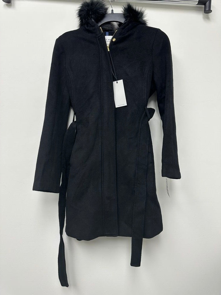 Cole Haan Casaco feminino com capuz e cinto, acabamento em pele sintética, preto, tamanho 12