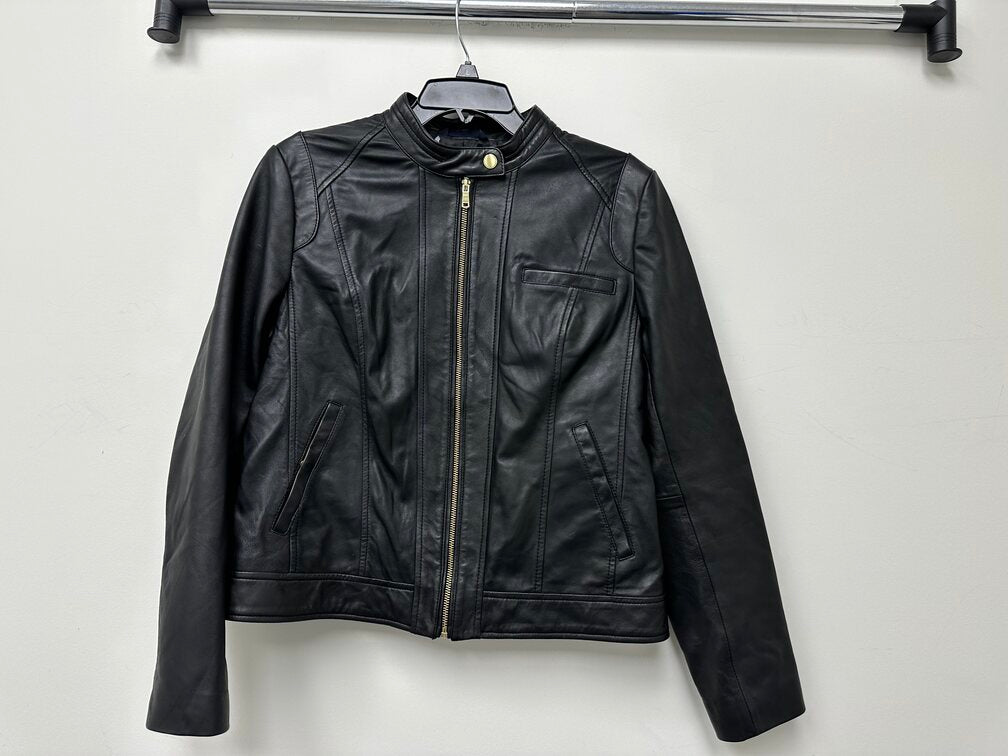 Cole Haan Casaco de couro feminino com gola alta, preto, tamanho grande