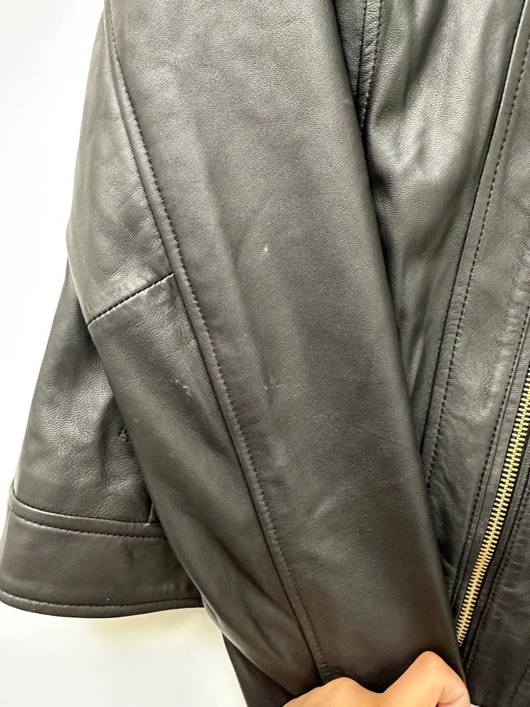 Cole Haan Casaco de couro feminino com gola alta, preto, tamanho grande