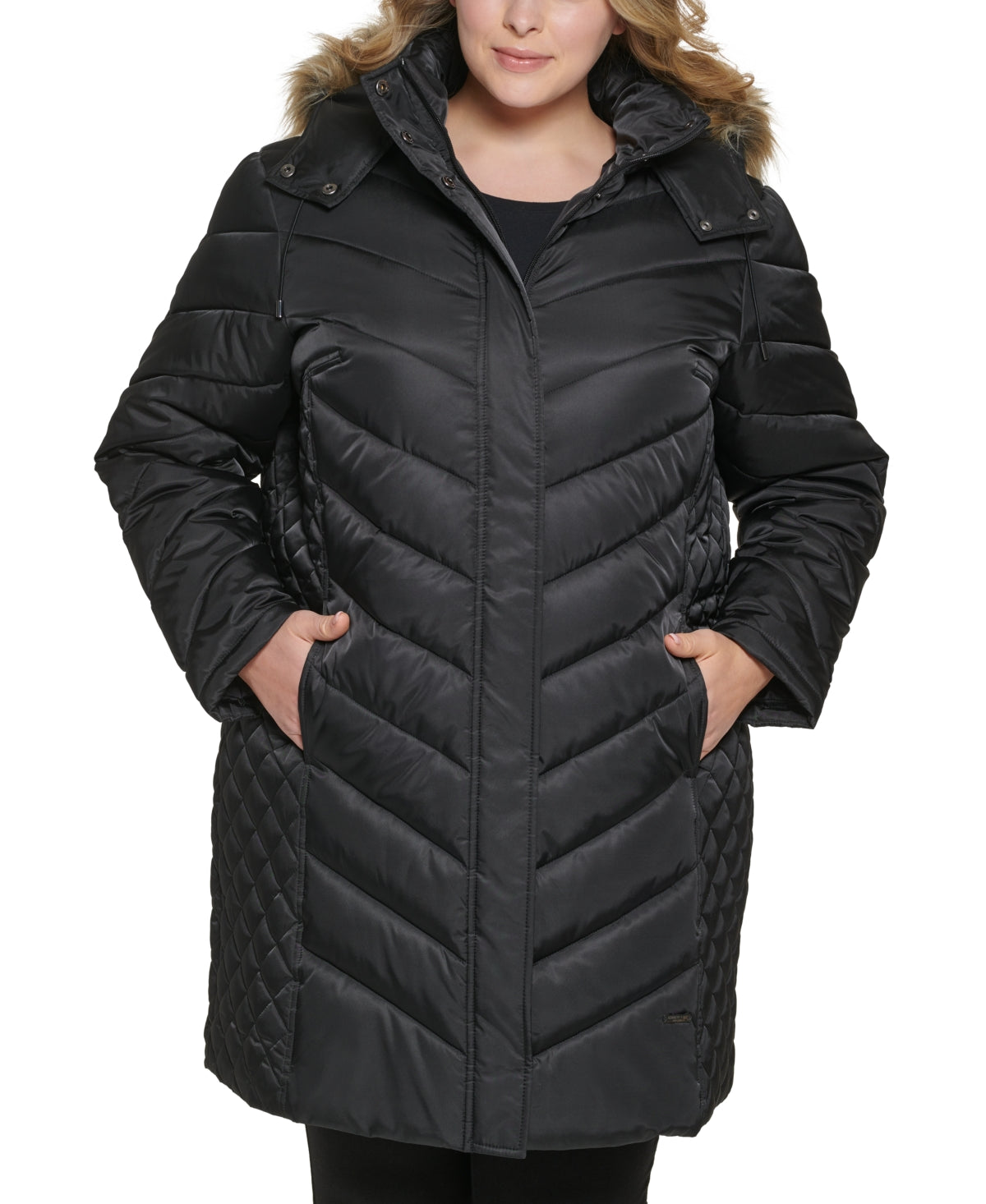Casaco acolchoado com capuz e acabamento em pele sintética Kenneth Cole feminino, preto, tamanho 2X