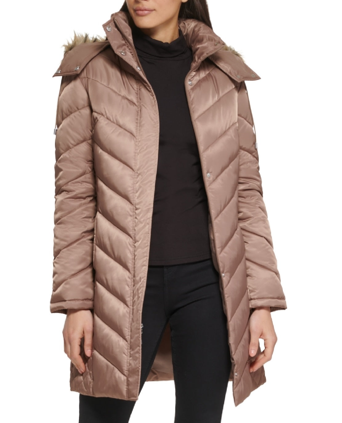 Casaco acolchoado com capuz e acabamento em pele sintética Kenneth Cole feminino, marrom, tamanho grande